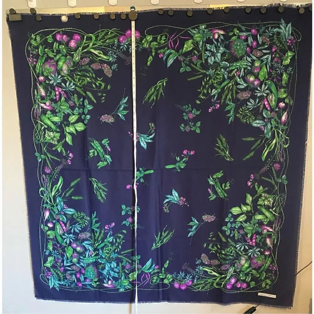 Marco Corsari Dark blue scarf with green and purple vegetables and herbs plants